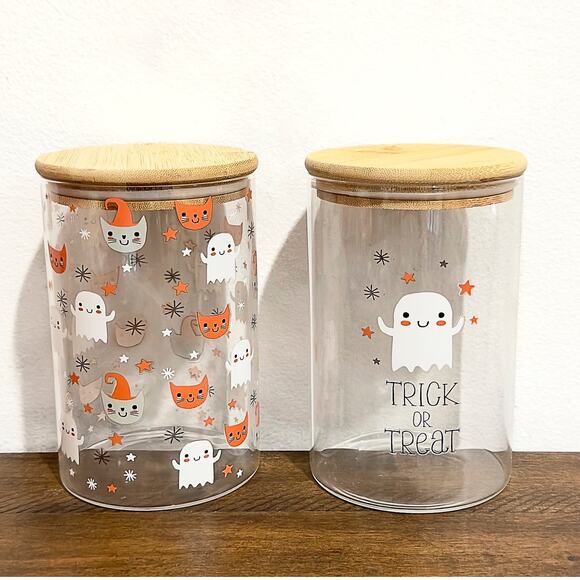 NEW: Gourmet Kitchen - Trick or Treat, Ghosts, Glass Containers with Bamboo Lids - Picture 1 of 5